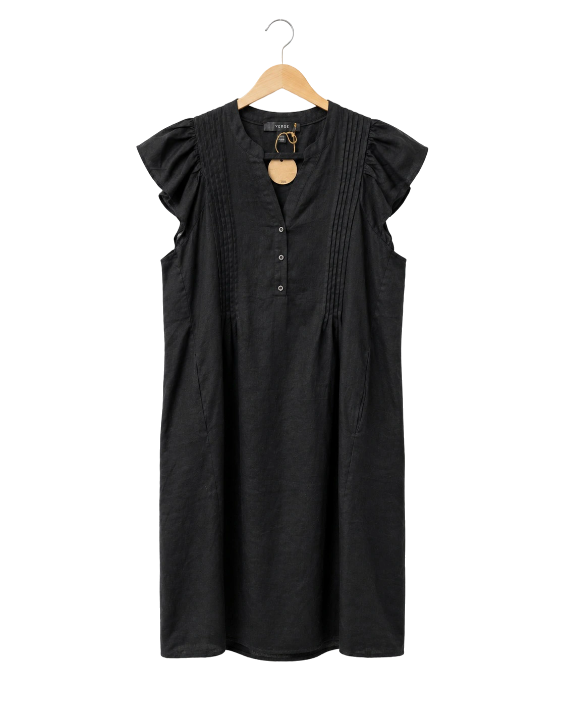 Black Frill Sleeve 3/4 Button Up Pin Tuck Midi Dress