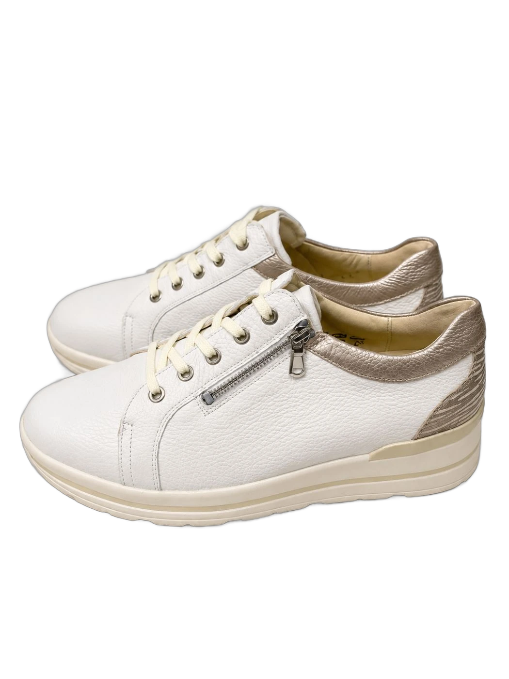 White Rose Gold Leather Zip Sneakers