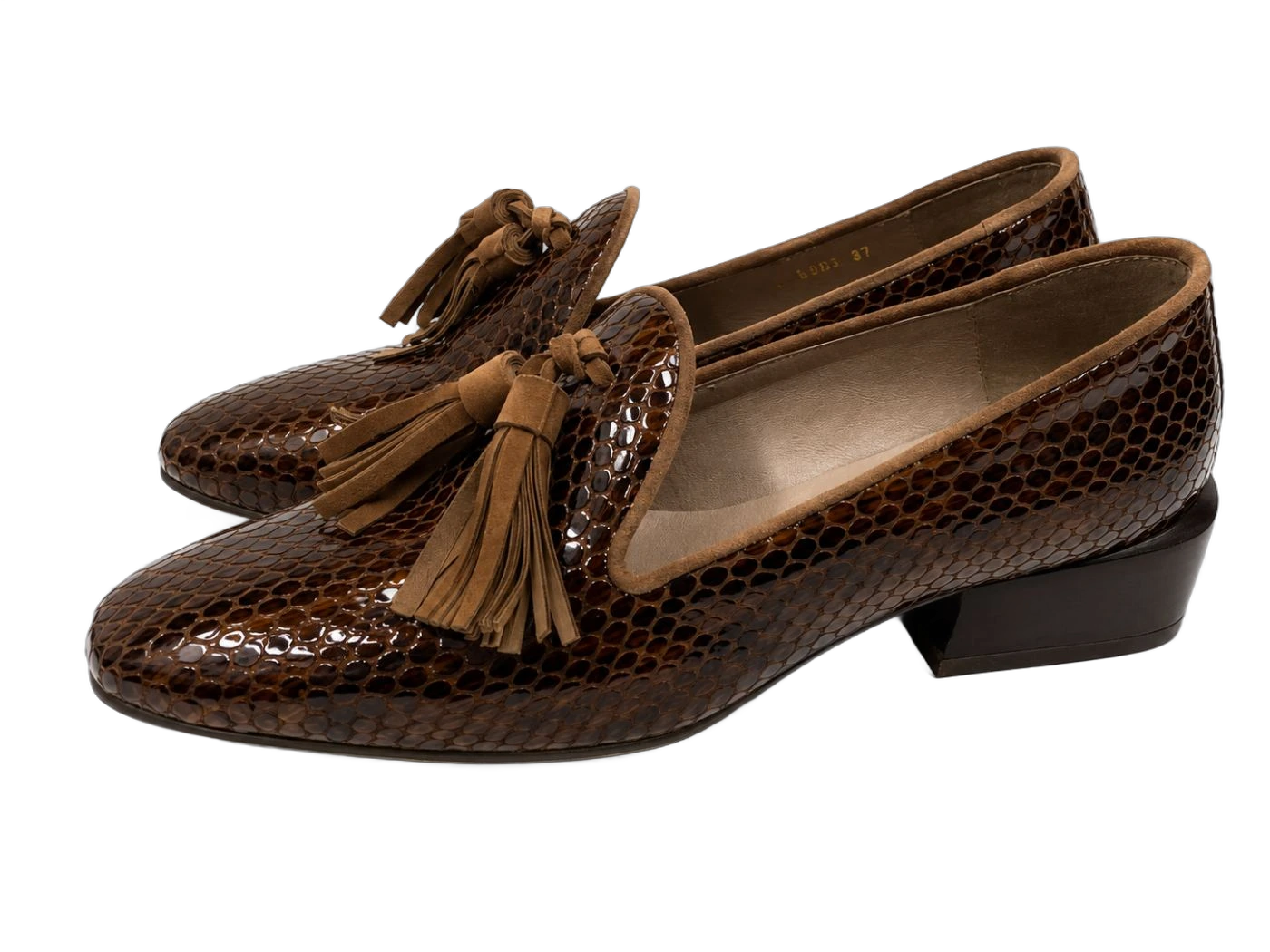 Brown Leather Snake Fringe Heeled Loafer