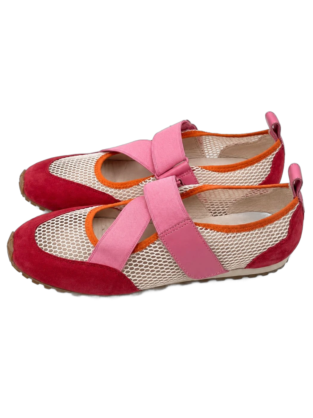 Pink Strap Red Seude Mesh Ballet Flats